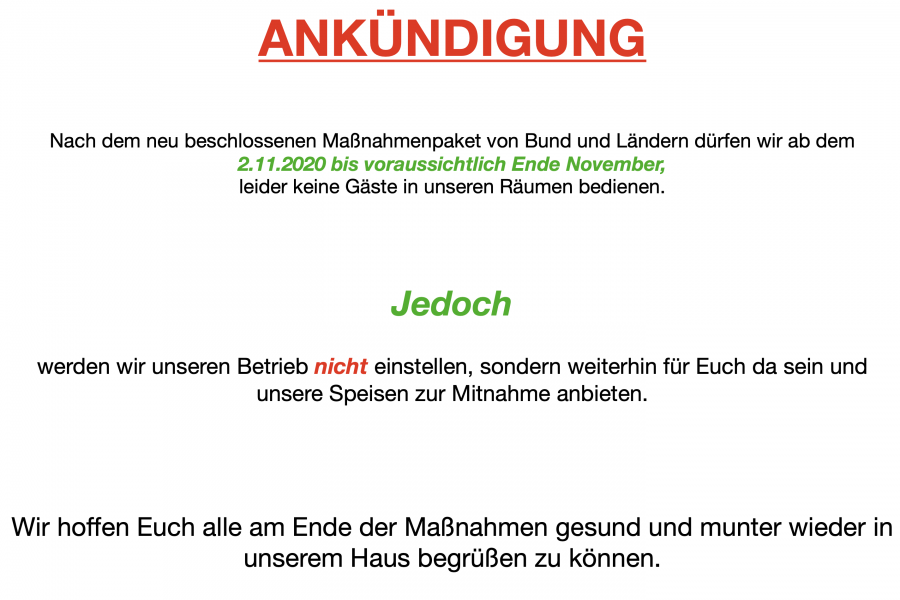 ANKÜNDIGUNG: Corona Maßnamen 2.11.2025